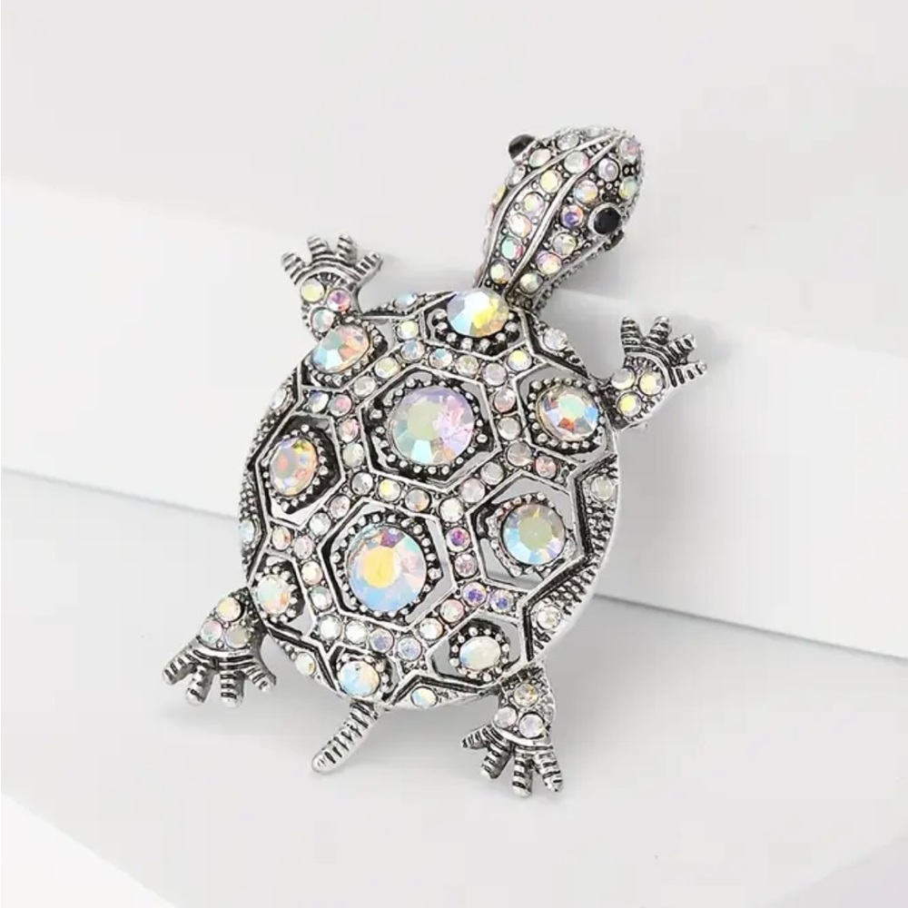 Silver Turtle Brooch with Iridescent Accents